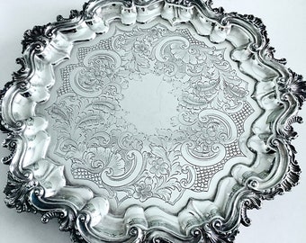 Ornate English footed silver plate salver Antique tray by Ellis Barker