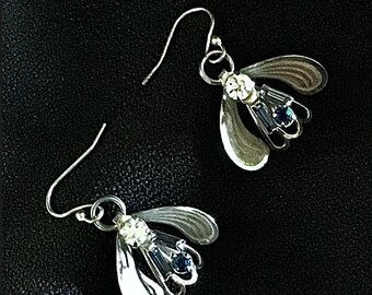 Bumblebee earrings with simulated sapphire  and diamond stones Sterling silver ear drops Honeybee dangles