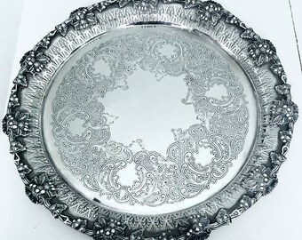 Birks  silver plated serving tray Round ornate salver
