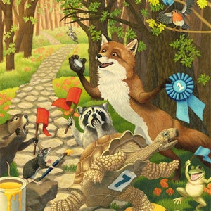 Peut inclure: Une illustration colorée d'une course en forêt avec un renard, un raton laveur, une tortue, une souris, une grenouille et un castor. La tortue est en tête et porte le numéro 7 sur sa carapace. Le renard tient un chronomètre et porte le numéro 1 sur un ruban bleu. Les autres animaux encouragent et tiennent des drapeaux.