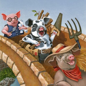Los tres cerdos. Cuatro tarjetas de notas brillantes con sobres de 4.25 "x5.5". Una reproducción de una pintura original de Cyndi Waldron