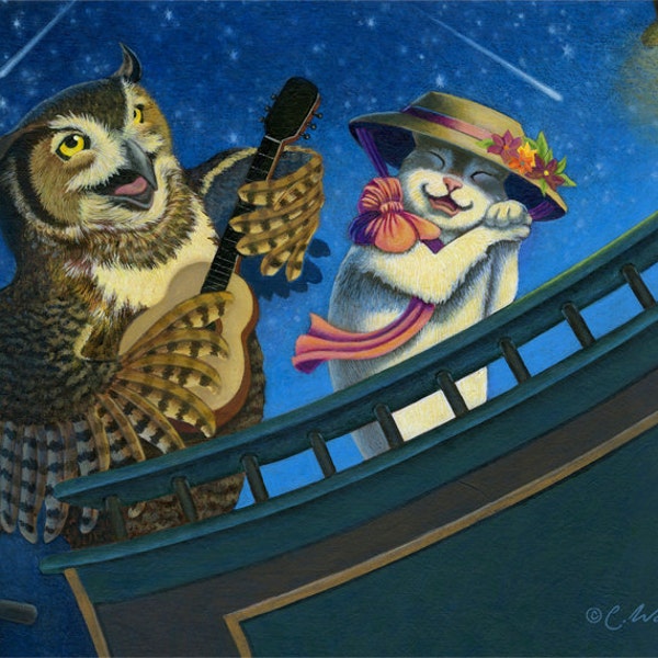 The Owl And The Pussy-cat. Four glossy note cards w/ envelopes 4.25"x5.5". A reproduction of an original painting by Cyndi Waldron