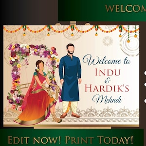 Digital Mehndi Welcome Sign | Henna Party Printable | Indian Wedding Sign | Editable Ceremony Board | Instant Download DIY Decor