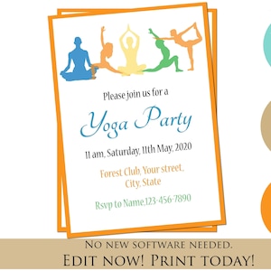 Yoga party invites as yoga event invitation, yoga party instant download invites & yoga party evite, yoga theme invitations as Indian invite