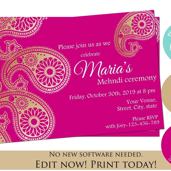 Modèle d’invitation Mehndi comme invitations de mariage Desi, téléchargement instantané d’invitation mendhi et invitations Maiyan, invitations Maiyaan en tant qu’Indien