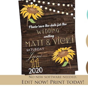 Sunflower save the date template as corjl rustic save the date, instant download sunflower save the date & sunflower wedding save the date