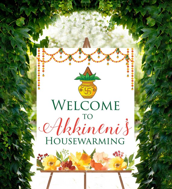 Housewarming welcome board as Grihapravesh welcome sign, house warming sign & indian housewarming posters, welcome sign for house warming