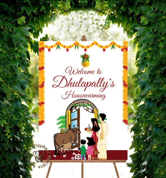 Housewarming welcome sign as gruhapravesam sign, welcome sign for house warming & indian housewarming poster, house warming welcome board