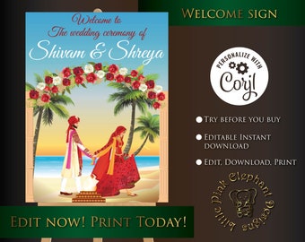 Indian wedding sign in Desi wedding signages, Hindu wedding decor in beach wedding welcome signs, Desi wedding signage & hindu wedding signs