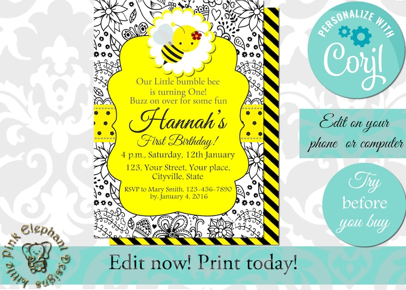 Bumble Bee Birthday Invitation Template Corjl Instant Download | Etsy