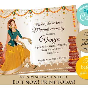 Modelo editável de convite Mehndi, download instantâneo de convites Mehndi e convites indianos, convites de casamento indianos como convites Desi