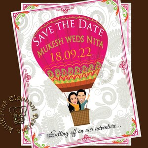 Save the Date with Caricature Portrait of Bride and Groom, Save the Date Cards Digital, Custom Caricature Save the Date Hot Air Balloon