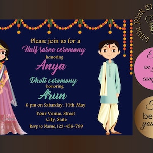 Half Saree invitations as half sari invites, half saree function invites & half sari ceremony invitations, half saree invitations editable