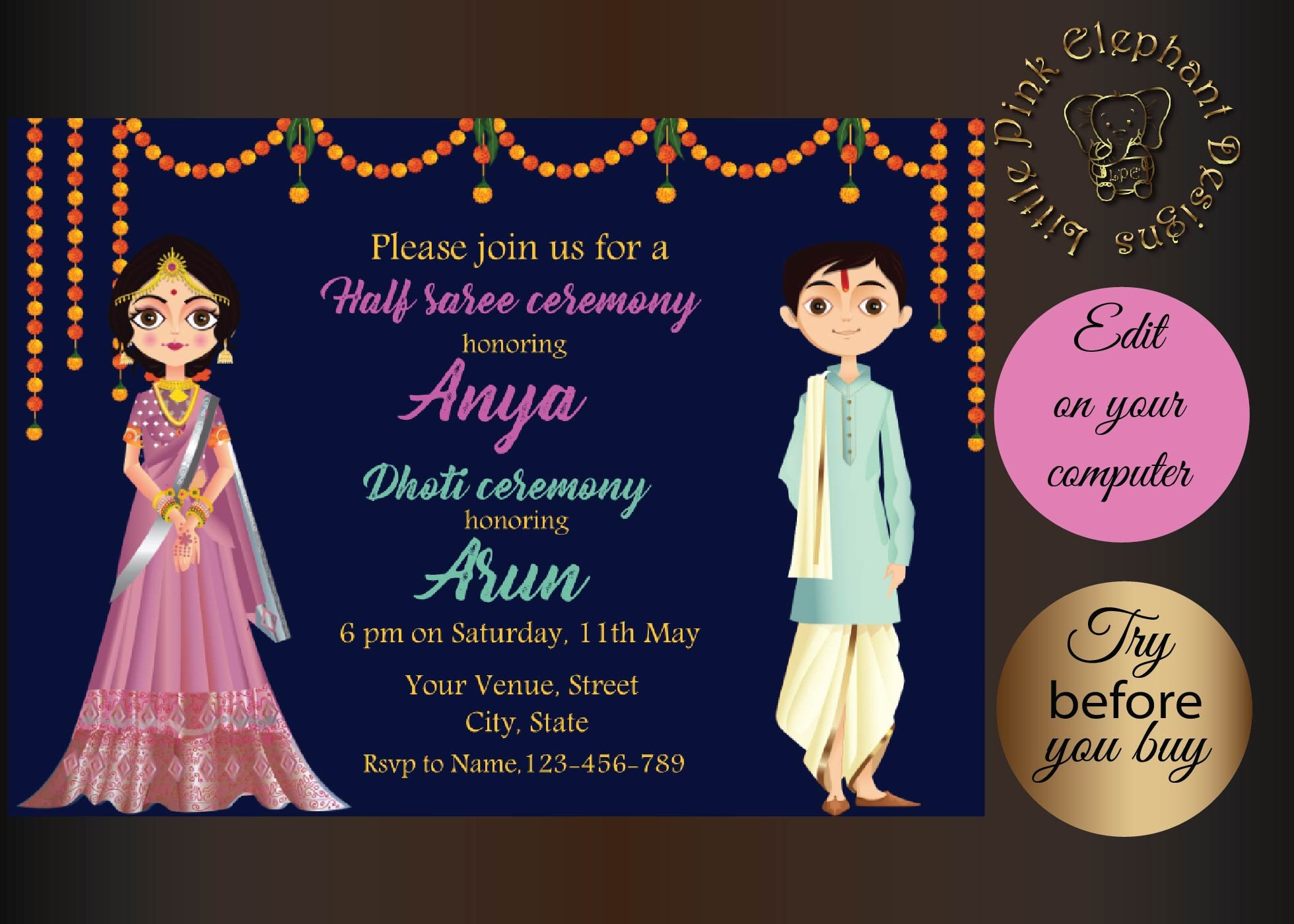 Half Saree Invitations as Half Sari Invites Half Saree Function Invites Half Sari Ceremony Invitations Half Saree Invitations Editable Etsy Canada