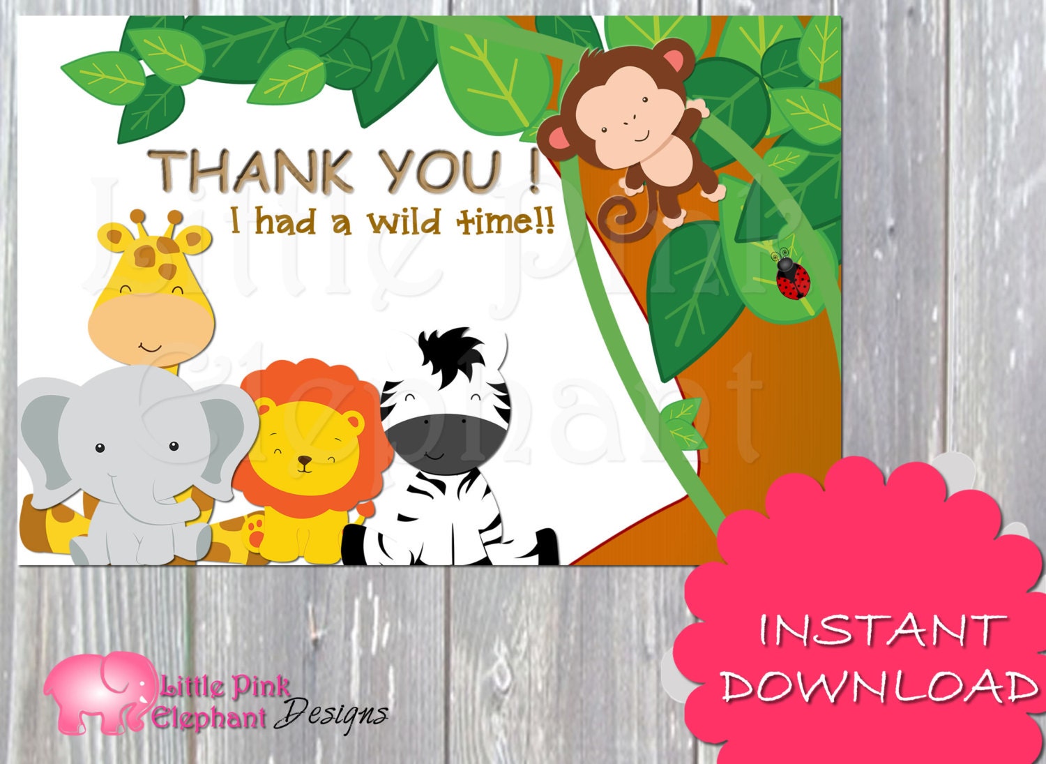 Jungle birthday party Thank you card printable animals thank Etsy