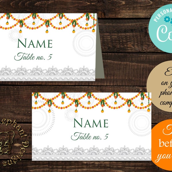 Printable place card template & Indian wedding place cards, instant download table numbers in Indian tent cards, Hindu wedding