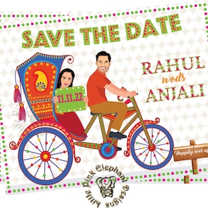 Paar Cartoon Porträts als indische Hochzeitsschilder, Illustrierte Save the Dates & indisch schrullige Hochzeitseinladungen, Cartoon Portrait digital, Geschenk