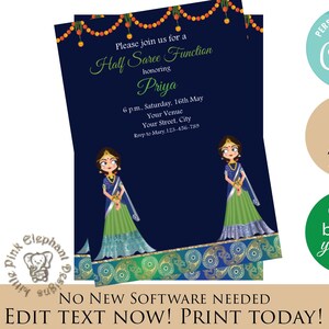 Half Saree invitations as half sari invites, half saree function invites & half sari ceremony invitations, half saree invitations editable