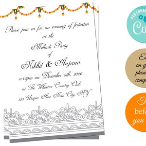 May include: A Mehndi Party invitation with a decorative border. The invitation is for Nikhil & Anjana on December 9th, 2020 at 4:45pm at The Whitetree Country Club, 123 Utopia Ave. New City, NY.