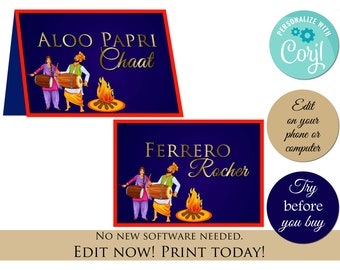 Lohri Food label tent card instant download editable Food labels place cards tent cards-printable Bollywood tent cards- printable tent cards