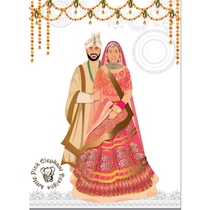 Retratos de ilustración de bodas como decoración de bodas hindúes, ilustrador de bodas y retratos de bodas, invitación de boda ilustrada, ilustración