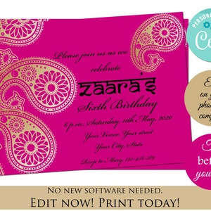 Indian birthday invitations as India theme invites, Bollywood party invitations & henna party invites, Henna night evites in Mehndi party