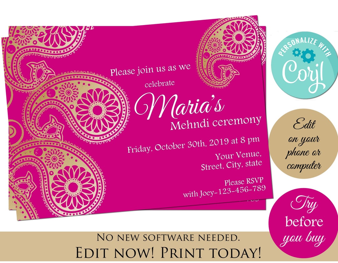 Mehndi Invitation Template as Desi Wedding Invites, Instant Download