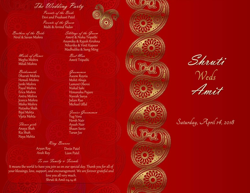 Hindu wedding program Hindu ceremony program template Etsy