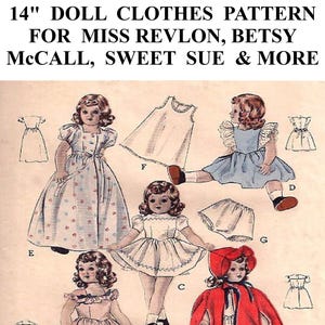 May include: A vintage sewing pattern for 14-inch doll clothes. The pattern includes a variety of dresses, a cape, and a bonnet. The pattern is illustrated with drawings of dolls wearing the different garments.