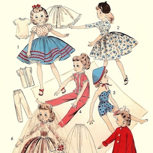 May include: A set of paper doll clothes for a doll with a red bow in her hair. The clothes include a blue skirt with red trim, a red and white polka dot top, a white dress with lace trim, a red coat, a blue swimsuit, a pink and white pajamas, and a white wedding dress with a veil.