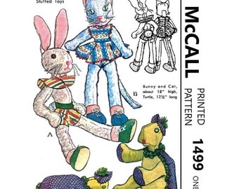 Bunny, Cat and Turtle Soft Toy Pattern, McCall 1499 18" Bunny, 18" Cat, 12.5" Turtle Vintage Pattern