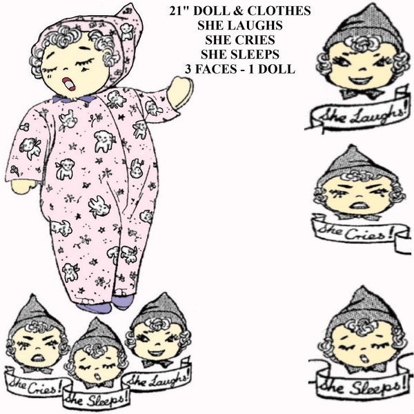 21" Doll Pattern With 3 Faces She Cries, Laughs and Sleeps Vintage Sewing Pattern That Will Be Mailed To You
