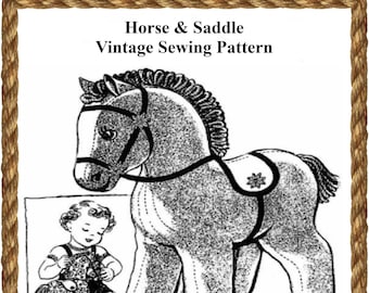 May include: Black and white line drawing of a vintage sewing pattern for a horse and saddle. The pattern includes instructions for making a stuffed horse toy with a saddle.