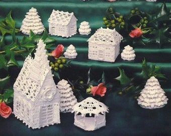Vintage Crochet Pattern Lacy Christmas Village White Thread Crochet Town PDF Instant Digital Download Centerpiece or Mantel Decor