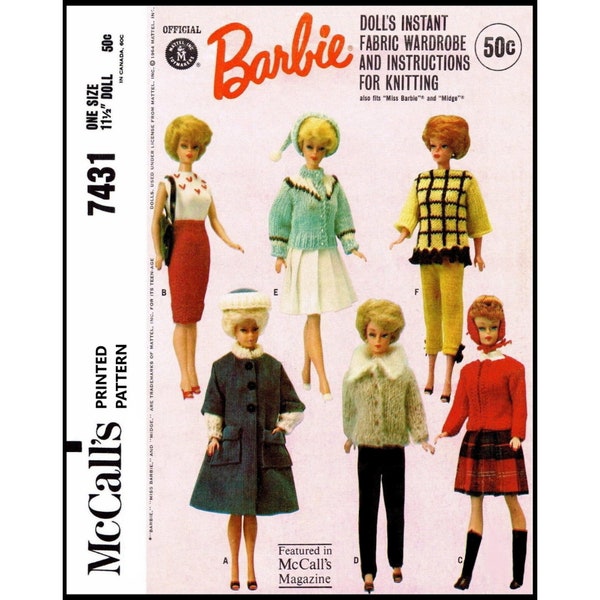 Barbie Doll Clothes Pattern McCall's 7431 PDF Barbie, Miss Barbie & Midge Doll Clothes Sewing and Knitting Pattern PDF Digital Download