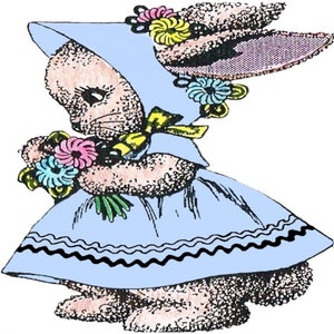 May include: A cartoon illustration of a light blue bunny wearing a matching bonnet and holding a bouquet of pink, blue, and yellow flowers.