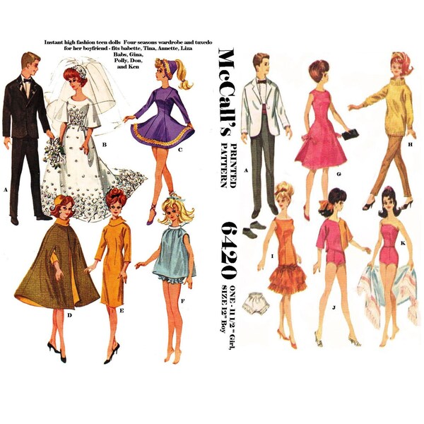 Barbie & Ken Doll Clothes McCall's 6420 4 Seasons Wardrobe Vintage Pattern PDF Digital Download