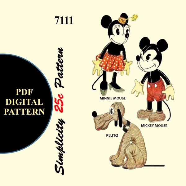 15" - 16-1/2" Mickey Mouse, Minnie Mouse and Pluto Vintage Sewing Pattern Simplicity 7111 PDF Digital Download