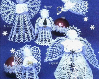 6 Christmas Angels Crochet Pattern, There Are 3 Tree Toppers That Are 9" and 3 Standing Angels That Are 6"