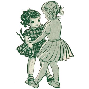 May include: A vintage illustration depicts two young girls dancing. One girl is a doll wearing a plaid dress, and the other is a girl wearing a skirt and top. The image is in shades of green, evoking a nostalgic, classic aesthetic.