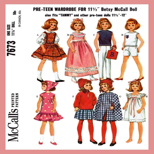 11-1/2" - 12" Doll Clothes Pattern McCall's 7673 Betsy McCall, Tammy Vintage Pattern PDF Instant Download Printed on 8-1/2x11" A4 Paper