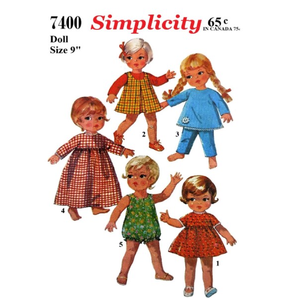 9" Doll Clothes Pattern Simplicity 7400 Vintage Sewing Pattern PDF Download Printed on 8-1/2 x 11" Paper