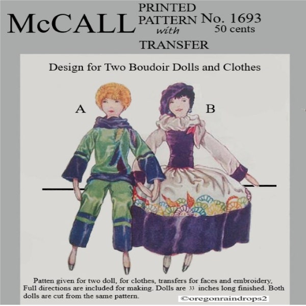 French Boudoir Doll Pattern McCall 1693 and Doll Clothes Vintage Pattern PDF Digital Download