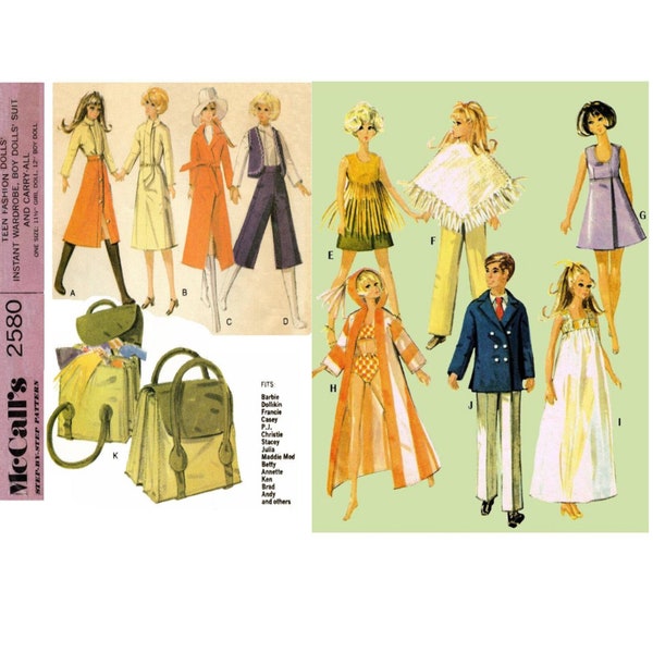 Barbie & Ken Doll Clothes McCall's 2580 Vintage Pattern Printed on 8-1/2x11" Paper PDF Digital Download