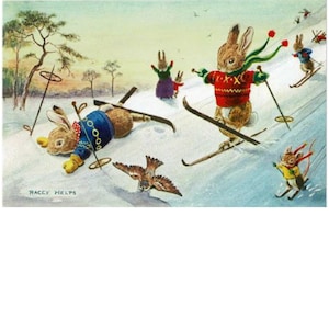 Fun On Skis, Racey Helps Postcard, Artist Signed, Snow Bunnies, English Postcard, Pk 220, Paper Ephermaera, Medici Society, Skiing Bunnies