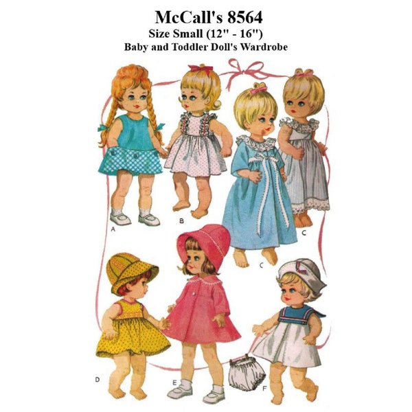 12" - 16" Baby Doll Clothes Pattern McCall's 8564 For Baby Dolls and Toddler Dolls Vintage Pattern Cheerful Tearful, Baby Cupcake PDF A4