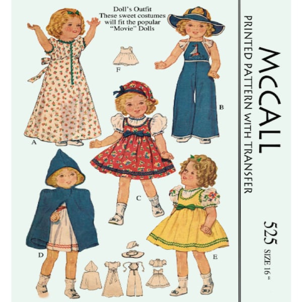 16" Shirley Temple, Judy Garland Doll Clothes Vintage Pattern McCall 525 PDF Instant Download Printed on 8-1/2x11" A4 Paper