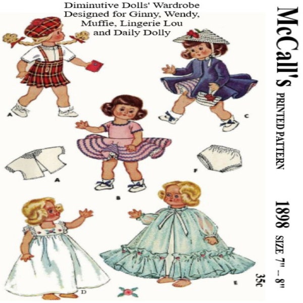 8" Ginny Doll Clothes Pattern McCalls 1898 NASB Muffie, Kish Riley, Alexander-kin, Vintage Pattern PDF Instant Download on 8-1/2x11" Paper