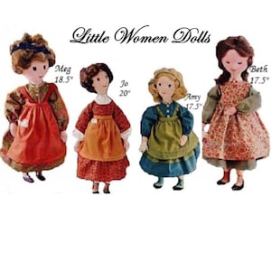 May include: Four fabric dolls from the "Little Women" series. Each doll is dressed in a period costume, with varying dress colors and aprons. The dolls are labeled Meg (18.5 inches), Jo (20 inches), Amy (17.5 inches), and Beth (17.5 inches).