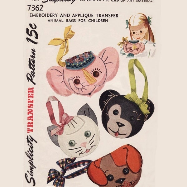 4 Children's Purses Simplicity 7362 Cat, Dog, Elephant & Bear PDF Instant Download Printed on Letter Size Paper